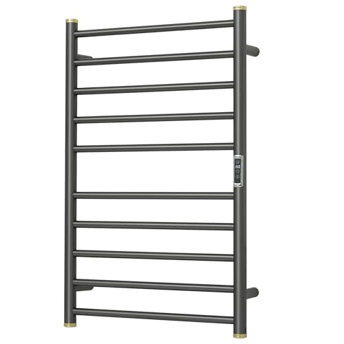Electric Towel Warmer Rack,Heating Towel Warmer,Timer & Temperature Control,Wall-Mounted Plug-in for Bathroom,Brushed Gungrey,Stainless Steel,10-Bar(31.5x20.08x4.41in) - color: Round-matte Gungrey With Gold Top, size: 10 Bars