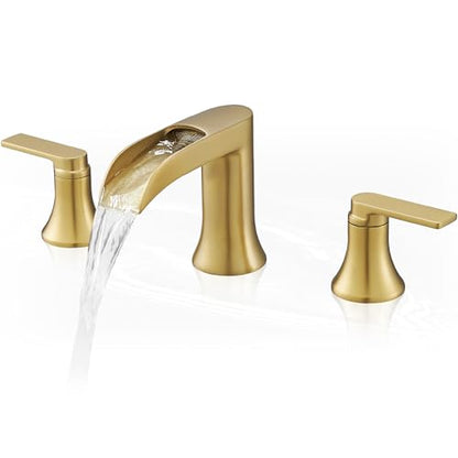 Brushed Gold Bathroom Faucet Waterfall, 2 Handle Brass Bathroom Sink Faucet Widespread, Modern 6-16 Inch Bathroom Faucets 3 Hole, Bathroom Vanity Faucets for Hotel, NOT Included Pop-up Drain - color: Brushed Gold, style: NO Pop Up Drain