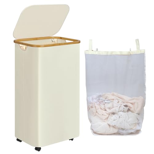 IEGrow Laundry Hamper with Wheels 110L Clothes Basket for Laundry,Beige | Laundry Basket with Lid and Bamboo Frame, for Laundry Room, Bedroom, Dormitory Storage - color: Beige, size: 110L