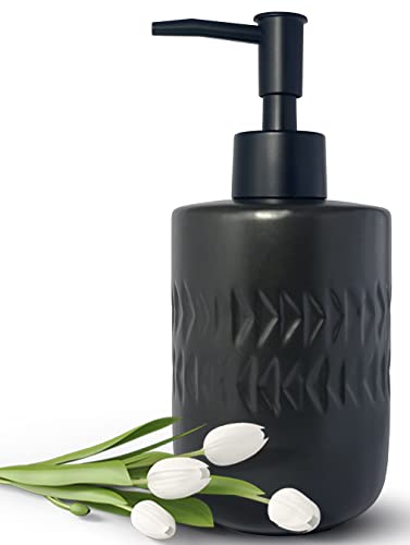 Black Soap Dispenser for Bathroom,Cylindrical Lotion Dispenser,12oz Ceramic Relief Hand Dish Soap Dispenser,Refillable Liquid Dispenser for Kitchen,Matte Black Pump(Relief Black) - color: Relief Black