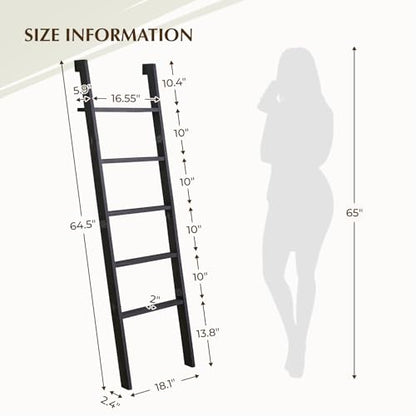 Blanket Ladder with Top Shelf, 5-Tier Wood 64” Decorative Ladder for Living Room Throws, Bedroom Quilt, Bathroom Towel & Toiletry Storage, Home Decor Stand (Black)