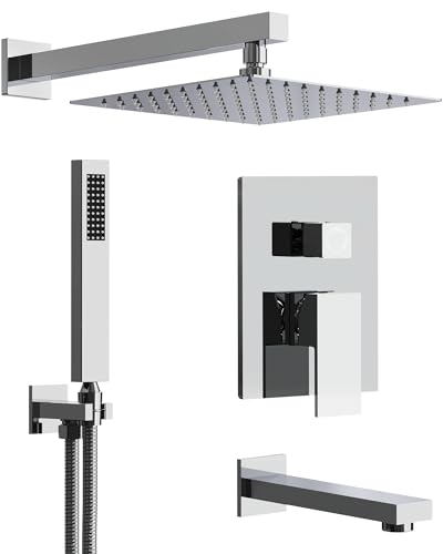 10" Shower Faucet Set with Tub Spount, High Pressure Rainfall Shower Head and Handheld Sprayer Combo, Bathroom Tub Shower Faucet Set, Polished Chrome - color: Polished Chrome