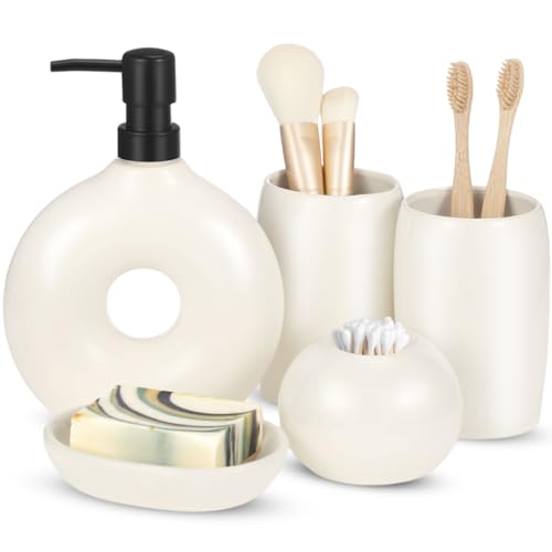 FoldTier 5 Pcs Ceramic Bathroom Accessories Set Includes Soap Dispenser Toothbrush Cup Holder Soapbox Holder Stylish Modern Bathroom Matte Glaze Decor(White)