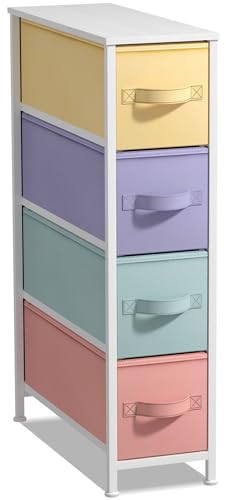 Sorbus Kids Narrow Dresser with 4 Drawers - Vertical Slim Storage Chest of Drawers with Steel Frame, Wood Top & Easy Pull Fabric Bins for Small Spaces, Closets, Bedroom, Bathroom & Laundry - color: Pastel, style: 4 Drawer