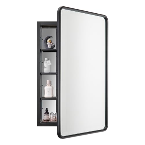 Black Bathroom Medicine Cabinet with Mirror 17 x 27 Metal Frame Recessed Or Wall Mounted Single Door Storage Medicine Cabinets with Adjustable Shelves Rounded Corner Beveled Mirrors - color: Matt Black, size: 17x27''
