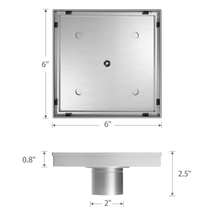 6 Inch Square Shower Drain with Tile Insert Grate, Brushed | 304 Stainless Steel, Square Tile Floor Drain for Bathroom, Removable Tile-In Drain Grate with Hair Strainer, cUPC Certified - size: 6 inch