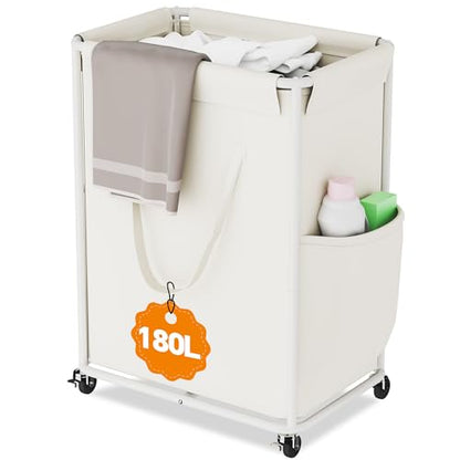 Homeiju 180L Large Laundry Hamper with Wheels, Rolling Laundry Basket with Metal Frame and Removable Bag Design, Dirty Clothes Laundry Cart for Bathroom, Dorm Room, Laundry Room, White - color: White