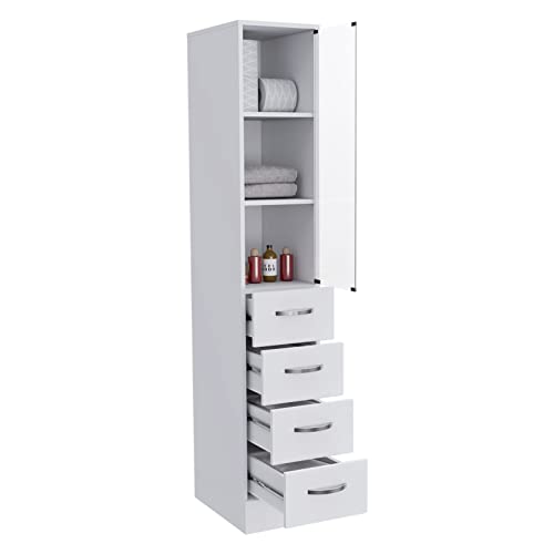 Tuhome Vanguard Tall Linen Cabinet, 68.3" Glass-Door Bathroom Linen Tower with 4 Drawers & 3 Open Shelves, Slim 12" Engineered Wood Linen Storage Cabinet