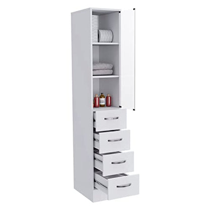 Tuhome Vanguard Tall Linen Cabinet, 68.3" Glass-Door Bathroom Linen Tower with 4 Drawers & 3 Open Shelves, Slim 12" Engineered Wood Linen Storage Cabinet