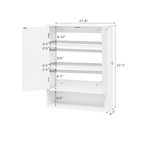 Bathroom Wall Cabinet, Over Toilet Storage Medicine Cabinet with 2 Doors and Adjustable Shelf, Small Above Toilet Bathroom Cabinet with Open Shelf (White, 4)