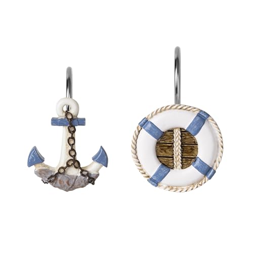 Sunlit Nautical Shower Curtain Hooks, Home Decorative Coastal Shower Curtain Rings for Bathroom, Resin, Ocean Shower Curtain Hanger Hooks for Living Room, Set of 12, Blue Anchor Lifebuoy - size: Anchor & Lifebuoy