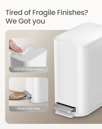 Cesun Small Bathroom Trash Can with Lid Soft Close & Pedal, 1.3 Gal, White | Removable Inner Bucket, Slim Stainless Steel Garbage Can for Bedroom/Office, Included 5 Trash Bags, Hidden Bag, Built to Last - color: White