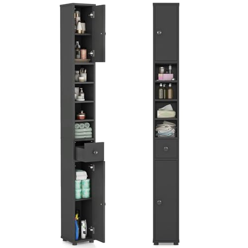 Tangkula Tall Slim Bathroom Storage Cabinet, 71" Freestanding Bathroom Cabinet w/ 2 Doors, 1 Drawer & 5 Adjustable Shelves, Floor Narrow Tower Cabinet for Small Spaces, 8" x 8" x 71" (Grey) - color: Grey