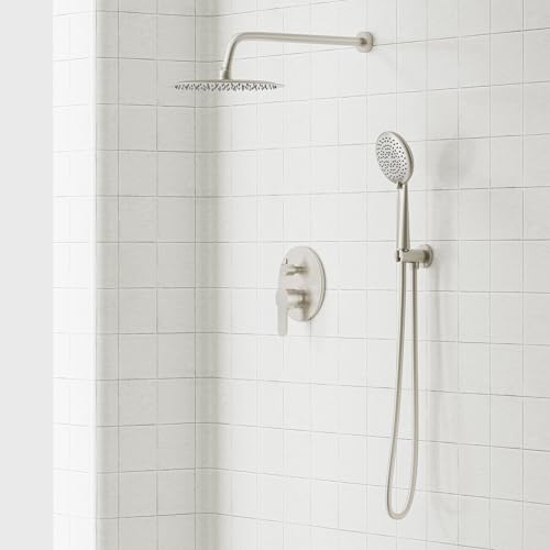 Gabrylly Shower System, Shower Faucet Set with Pressure Balance Shower Valve, 10" Rain Shower Heads with Handheld Spray, Wall Mounted Shower Fixtures, High Pressure Shower Head Set, Brushed Nickel - color: Brushed Nickel, style: 10 Inches-Without Tub Spou