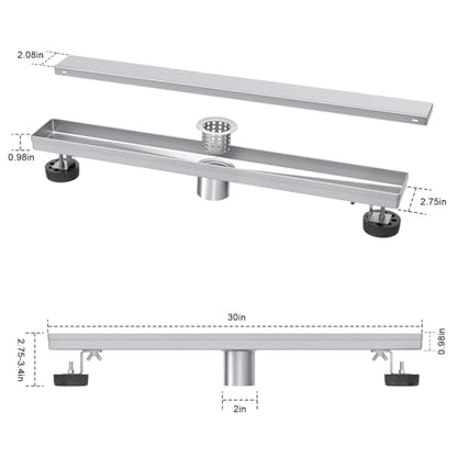 EXF Linear Shower Drain 30 Inch Brushed Nickel withTile Insert Grate | 304 Stainless Steel, V-Slope Design, Debris Strainer, Seamless, Adjustable Height - color: Brushed Steel, size: 30 IN