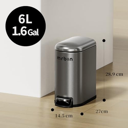 MRBIN Stainless Steel Slim Bathroom Trash Can with Lid, 6L / 1.6Gal Step Narrow Waste Basket Covered Odorless Dustbin with Inner Bucket for Bedroom, Kitchen, Vanity, Office, Eclipse-Grey - color: Eclipse Grey - 1.6 Gallons, style: Arc Lid