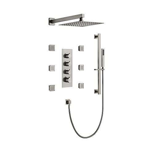 Cascada Luxury 12” Rainfall Shower set (Wall Mounted) with 4 knob thermostatic Valves & 3 functions (Rainfall, Body jets & Hand Shower) (Brushed Nickel) - color: Brushed Nickel