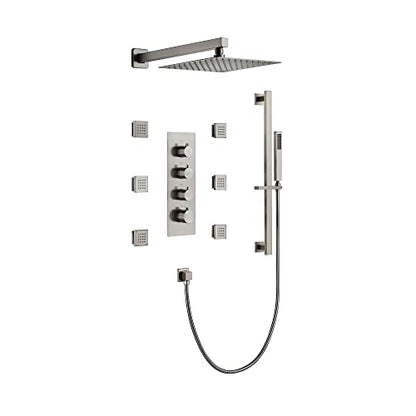 Cascada Luxury 12” Rainfall Shower set (Wall Mounted) with 4 knob thermostatic Valves & 3 functions (Rainfall, Body jets & Hand Shower) (Brushed Nickel) - color: Brushed Nickel
