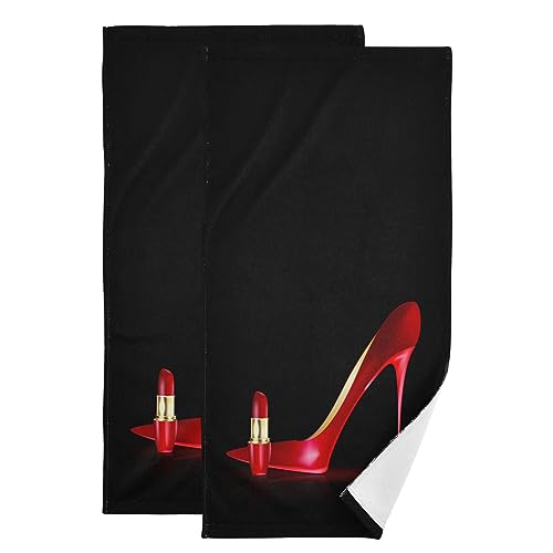 Black Red Hand Towels for Bathroom Kitchen Set of 2 High Heels Lipstick Modern Fashion Women Soft Absorbent Kitchen Towel Decorative Bathroom Towels for Bath Guest Shower Face Hair 14"x28" - color: Red Black
