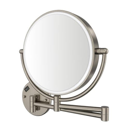 Whitehaus Wall-Mounted LED Magnifying Mirror – 8” Dual-Sided Mirror with 7X Zoom, Extendable Arm, Touch-Activated Light, Brushed Nickel - color: Brushed Nickel
