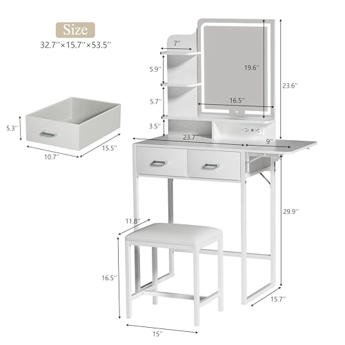 ALEXNUTRE Makeup Vanity Desk with Mirror and Lights, Small Vanity with Fabric Storage Drawer & Chair & Shelves, White Vanity with Fold-up Panel and Power Outlet for Bedroom - style: Cream White