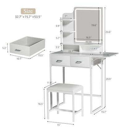 ALEXNUTRE Makeup Vanity Desk with Mirror and Lights, Small Vanity with Fabric Storage Drawer & Chair & Shelves, White Vanity with Fold-up Panel and Power Outlet for Bedroom - style: Cream White