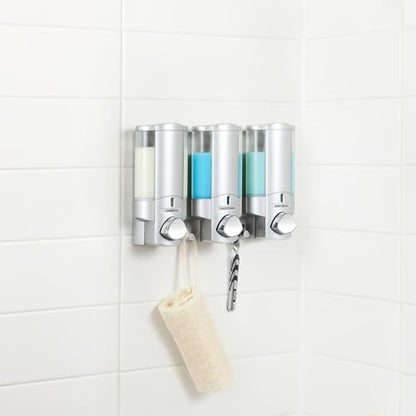 Better Living Aviva Wall Mount Shower Dispenser, 3 x 11 oz, Satin Silver | 3 Chamber, Shower Dispenser for Bathroom, Built-in Hooks, No Drill, Waterproof Dispenser Pump - color: Satin Silver, size: 3-Chamber
