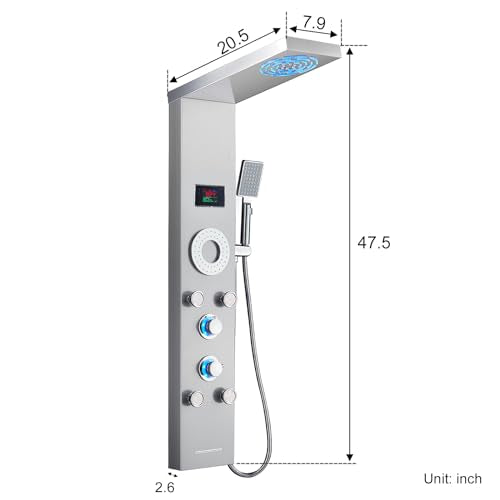 LED Shower Panel Tower System, Stainless Steel Rainfall & Mist Shower Tower, 5 Body Jets, Handheld Shower, Tub Spout and Hydroelectricity Temperature Display, Brushed Nickel - color: Brushed Nickel - 5 Body Jets