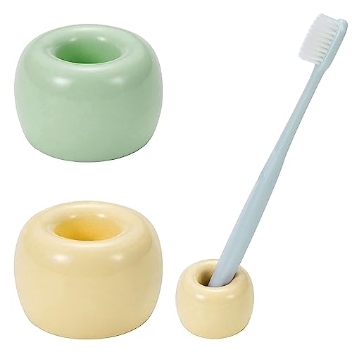 Mini Ceramics Toothbrush Holder Stand for Bathroom Vanity Countertop, Handmade Couple Toothbrush Head Holder, Shaver Holder and Office Pen Holder, Yellow&Green, Pack of 2 - color: Yellow&green
