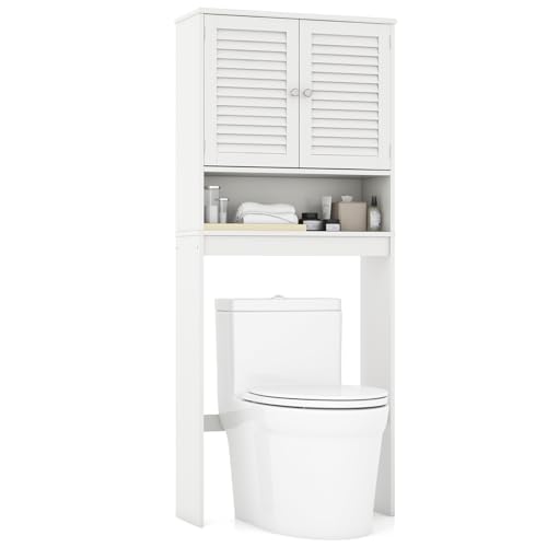 Tangkula Over The Toilet Storage Cabinet, Above Toilet Bathroom Shelf w/Double Doors & Adjustable Shelf, Freestanding Toilet Shelf Space Saver w/Anti-Tip Kits & Adjustable Bottom Bar, 63" H (White)