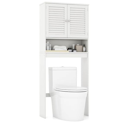 Tangkula Over The Toilet Storage Cabinet, Above Toilet Bathroom Shelf w/Double Doors & Adjustable Shelf, Freestanding Toilet Shelf Space Saver w/Anti-Tip Kits & Adjustable Bottom Bar, 63" H (White)