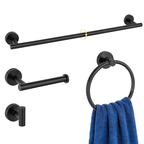 HOMOTEK 4 Pieces Bathroom Accessories Hardware Set, 24 inch Towel Bar, Towel Ring, Robe Hook, Toilet Paper Holder, Stainless Steel Rack Kit Wall Mounted, Matte Black - color: Matte Black