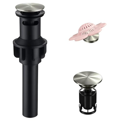 Bathroom Sink Drain with Overflow,Nickel Brushed Bathroom Sink Stopper | Pop Up Drain Assembly with Detachable Basket Stopper,for Bathroom Vanity Vessel Sink,with Silicone Hair Catcher - color: Bathroom Sink Drain -Nickel Brushed