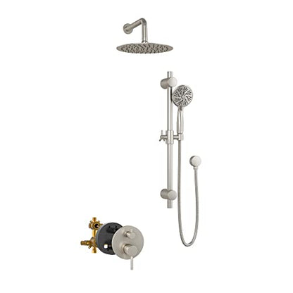 Refuge Rain Shower Head with Handheld Spray Combo - Brushed Nickel Finish - 10" Rainfall Shower Head with Handheld Combo | Adjustable Slide Bar | 5-Function Handshower | Tru-Temp Valve | 2.5 GPM - color: Brushed Nickel, size: 2.5 GPM