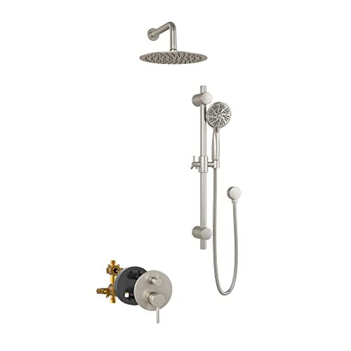 Refuge Rain Shower Head with Handheld Spray Combo - Brushed Nickel Finish - 10" Rainfall Shower Head with Handheld Combo | Adjustable Slide Bar | 5-Function Handshower | Tru-Temp Valve | 2.5 GPM - color: Brushed Nickel, size: 2.5 GPM