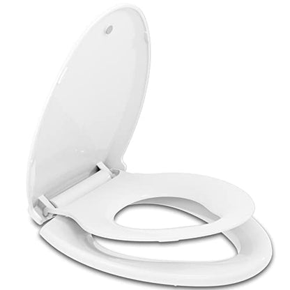 Hibbent Potty Training Toilet Seat, Built-in Magnetic Seat, Lid with Cover, Never Loosen and Slow Close Convertible Toilet Seat for Kids, Adult and Child (White, Elongated) - style: Classic Elongated 18.5"