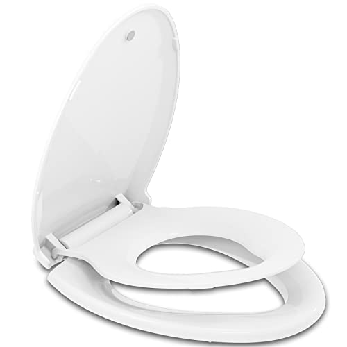 Hibbent Potty Training Toilet Seat, Built-in Magnetic Seat, Lid with Cover, Never Loosen and Slow Close Convertible Toilet Seat for Kids, Adult and Child (White, Elongated) - style: Classic Elongated 18.5"
