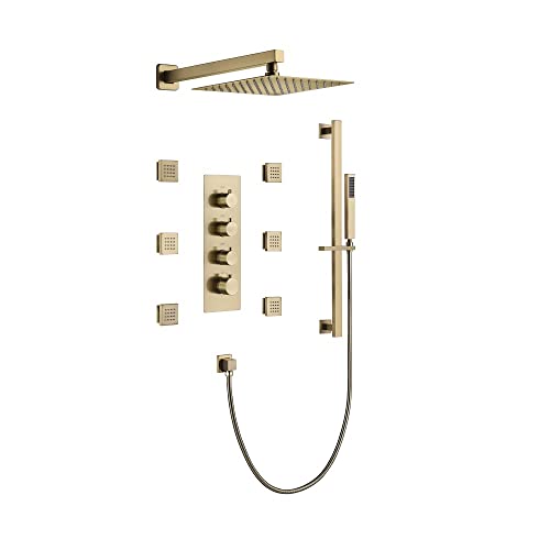 Cascada Luxury 12” Rainfall Shower set (Wall Mounted) with 4 knob thermostatic Valves & 3 functions (Rainfall, Body jets & Hand Shower) (Brushed Gold) - color: Brushed Gold