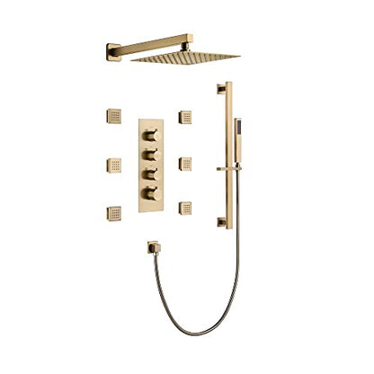 Cascada Luxury 12” Rainfall Shower set (Wall Mounted) with 4 knob thermostatic Valves & 3 functions (Rainfall, Body jets & Hand Shower) (Brushed Gold) - color: Brushed Gold