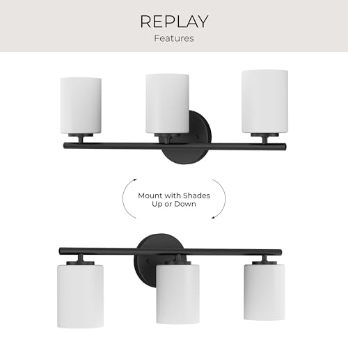 Progress Lighting 3-Light Etched Glass Modern Bath Vanity Light, Replay Collection, Indoor, P2159-31, Textured Black - color: Textured Black, size: 3-Light