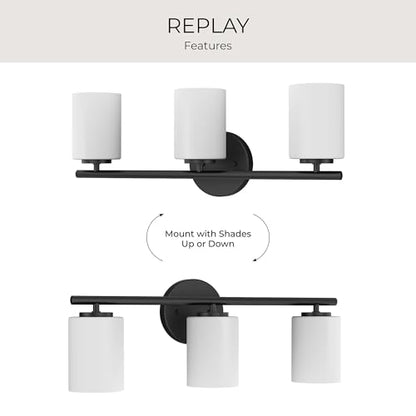 Progress Lighting 3-Light Etched Glass Modern Bath Vanity Light, Replay Collection, Indoor, P2159-31, Textured Black - color: Textured Black, size: 3-Light