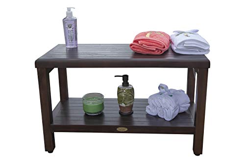 DecoTeak Eleganto 30" Teak Shower Bench with Shelf & LiftAide Arms | Shower bench with shelf supports up to 250 lbs and keeps towels, toiletries, and bathroom accessories neatly organized - size: 30" Length x 12" Width x 18" Height