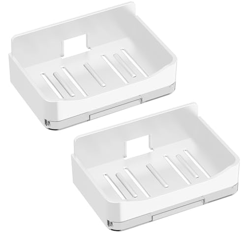 2 Pack Shower Soap Holder, Wall Mounted Soap Box Container, Bar Soap Holder with Drain for Shower, Bathroom, Kitchen(White) - color: White