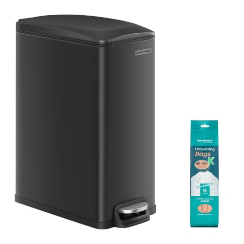 SONGMICS Slim Trash Can, 13-Gallon (50 L) Garbage Can for Narrow Spaces with Soft-Close Lid, Inner Bucket, and Step-on Pedal, Stainless Steel, 15 Trash Bags Included, Black ULTB510B48 - color: Black, style: 13 Gal.