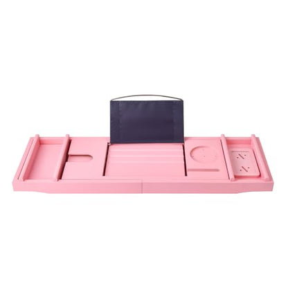 Pink Bamboo Bathtub Caddy with Bath Sponge, Bath Tray for Bathtub, Expandable Size, Fits Most Bath Tubs