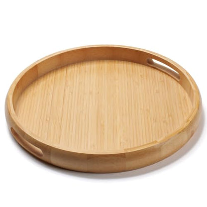 13.4" Round Bamboo Tray with Handles, Wood Serving Tray, Decorative Tray | Wooden Centerpiece Tray for Coffee Table, Kitchen, Living Room, Bedroom - size: 13.4"