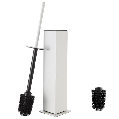 Toilet Brush and Holder Floor Standing, White with 2 Replaceable Heads, Bathroom Toilet Brush, Freestanding Toilet Bowl Brush with Removable Liner and Splash Guard, Modern Square Design - color: White-standing