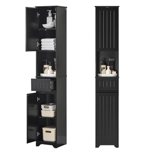 SoBuy Bathroom Storage Cabinet Adjustable Shelves, Tall Narrow, Black | Narrow Bathroom Storage Cupboard With Multi Storage Shelves, Ideal Organizer For Small Bathroom Gaps, BZR109-SCH - color: Black, size: Slim