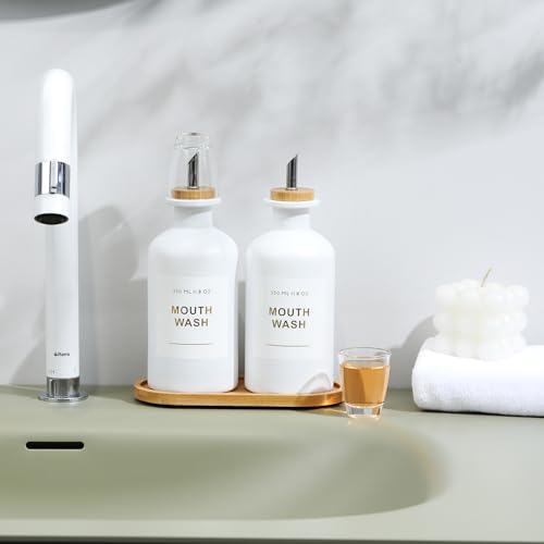 11.8OZ Mouthwash Dispenser, Set of 2, White | Bamboo & Stainless Steel Pour Spout, Mouthwash Cups Reusable, Bamboo Tray, Elegant Gold Label - color: White/350*2