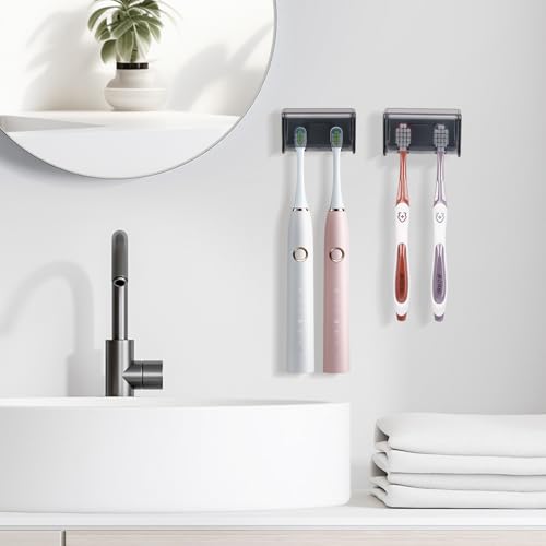 2 PCS Toothbrush Holders Wall Mounted with Cover (2, Transparent Black) | Wall mounted, Detachable, Easy to clean, Breathable, 2 Slots Self Adhesive Toothbrush Organizer for Bathroom - color: Transparent Black